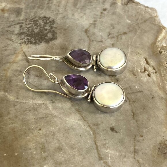 Sterling Silver 925 Pear Shaped Amethyst Hinged White Coin Pearl Dangle Earrings - Picture 12 of 16